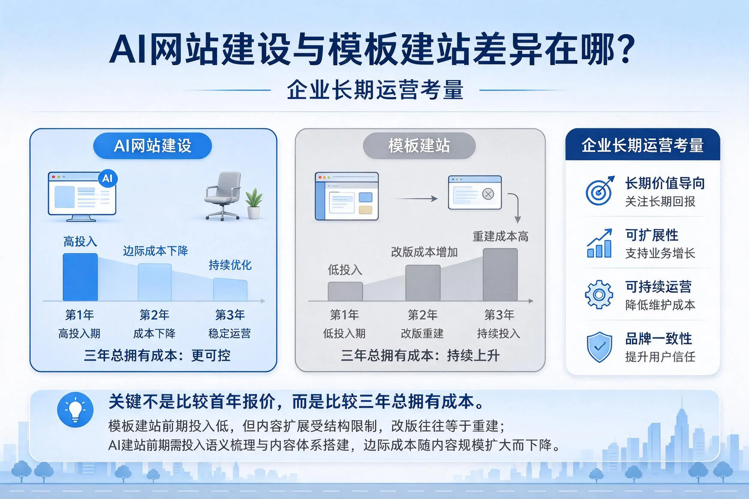 AI网站建设与模板建站差异在哪?吉林市企业长期运营考量